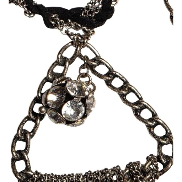 Vintage Necklace Efm Handmade Silver-Tone Statement Chain Rhinestone Black Rope - Picture 3 of 6
